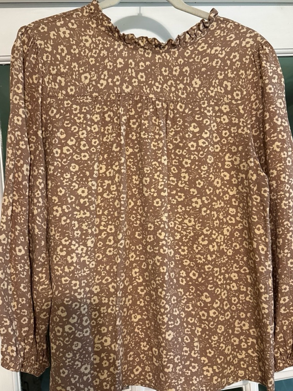 Womens Brown Floral Ruffle Neck Blouse